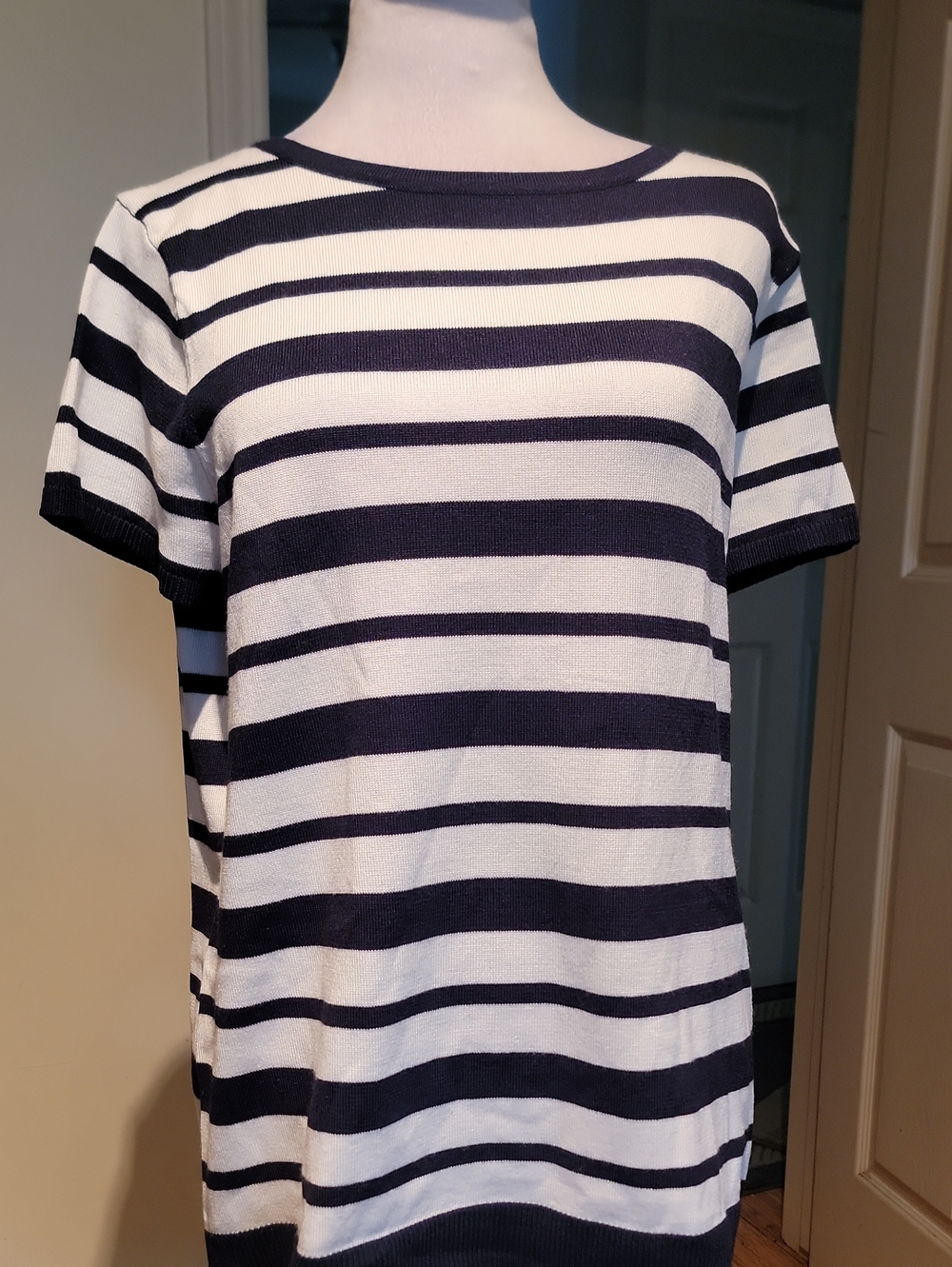 Cable And Gauge Navy and White Striped Short-Sleeve Women’s Top